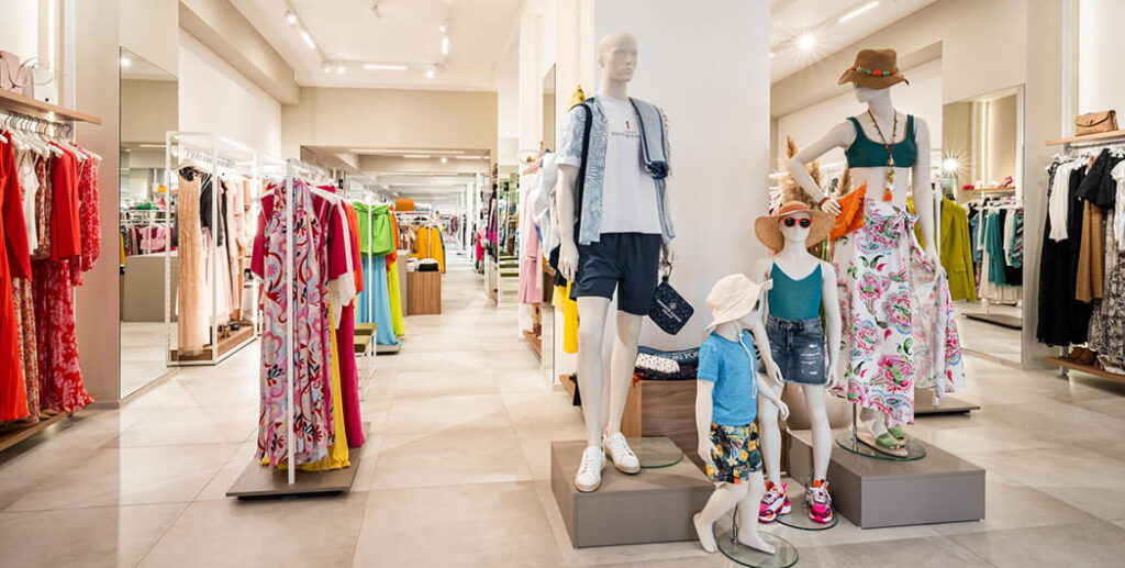 Immagine di dettaglio negozio abbigliamento donna, uomo e bambini. Progetto e realizzazione a cura di Spettacolo Design