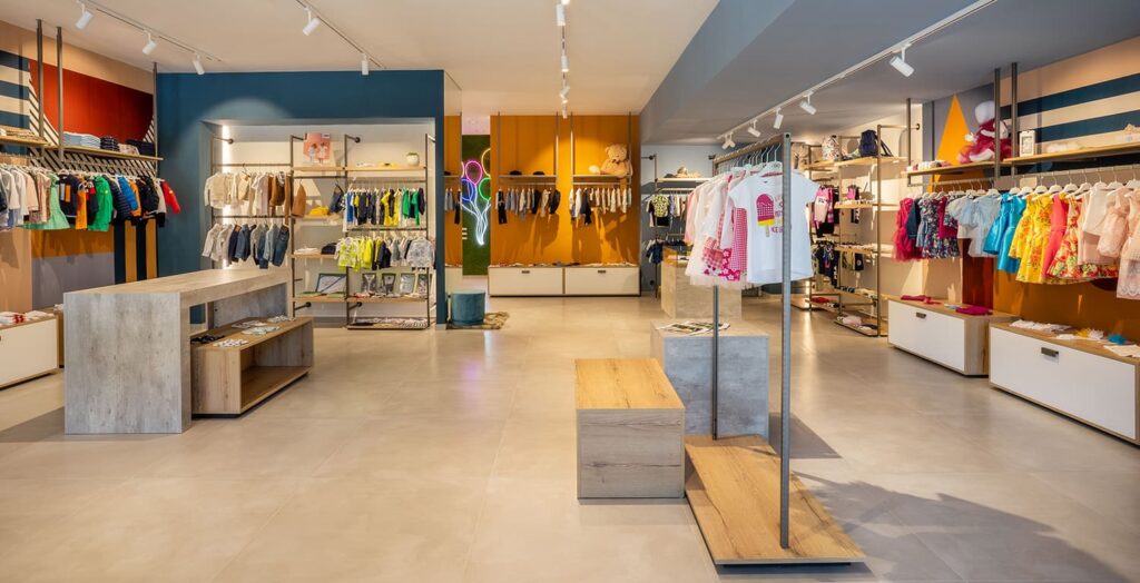 Foto panoramica negozio moda giovane Rolema Noi 2 Young, dettaglio sulla zona kids. Progetto e realizzazione Spettacolo Design