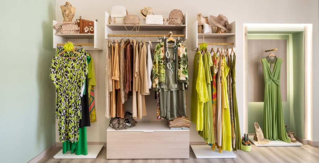 Spettacolo Design per KiArt, negozio abbigliamento donna. Vista su parete espositiva
